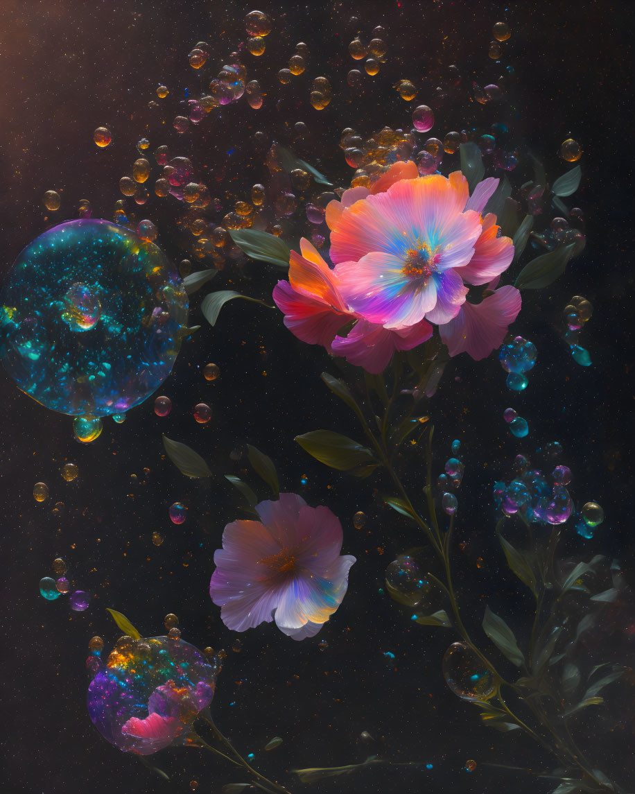 Colorful cosmos flowers in a celestial setting with sparkling bubbles on a dark background