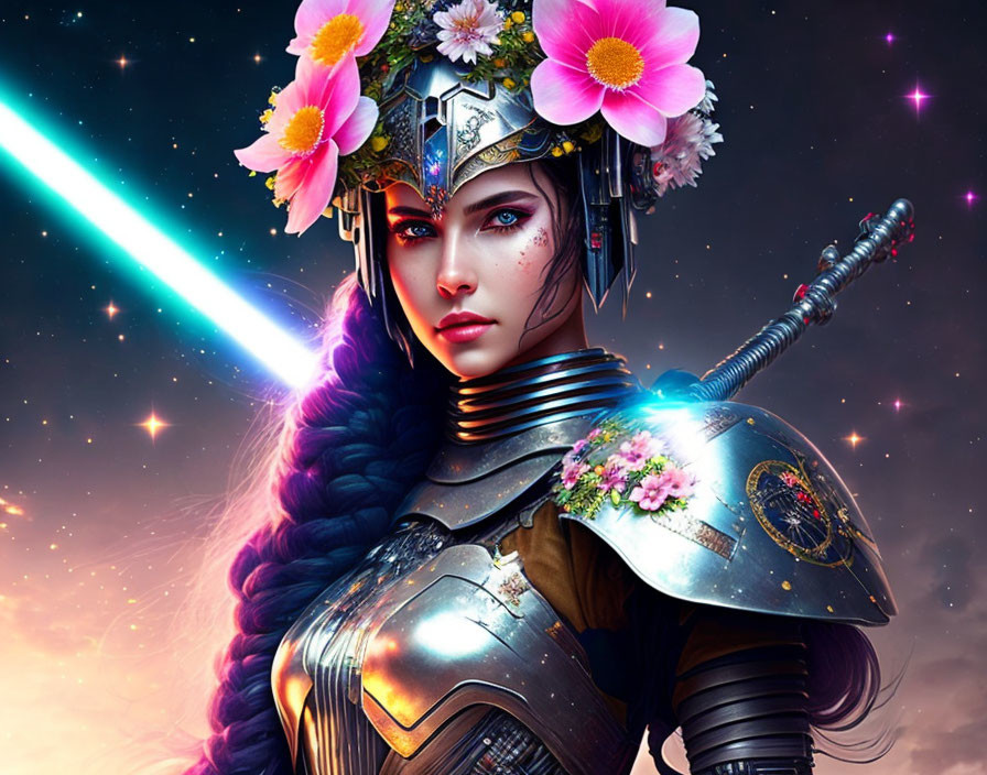 Warrior woman in futuristic armor with braided hair in cosmic setting