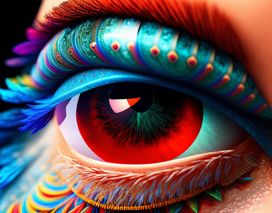 Colorful Close-Up Eye Artwork with Feather-Like Details