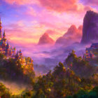 Fantastical landscape with castle, lush forests, pink and purple sky, mist, mountains.