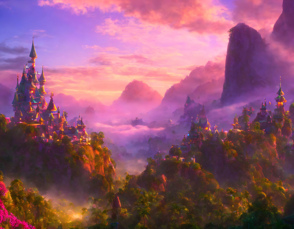 Fantastical landscape with castle, lush forests, pink and purple sky, mist, mountains.