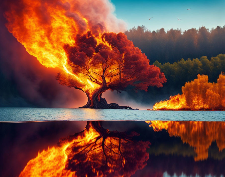 Colorful autumn tree in surreal landscape with birds and water reflection