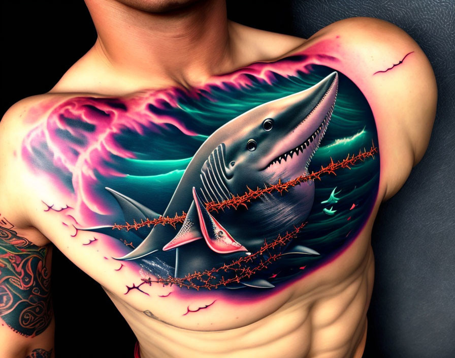 Colorful Shark Chest Tattoo with Pink and Purple Background