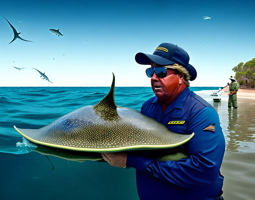 Person in Blue Outfit Holding Spotted Eagle Ray Above Water