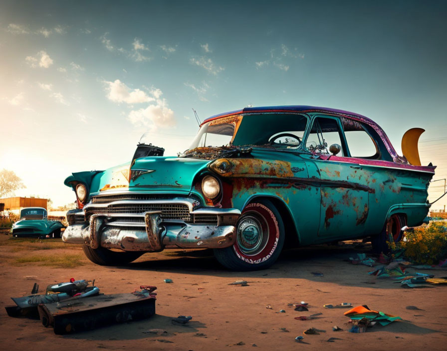 Rusty teal vintage car in field at sunset with other cars and scattered parts