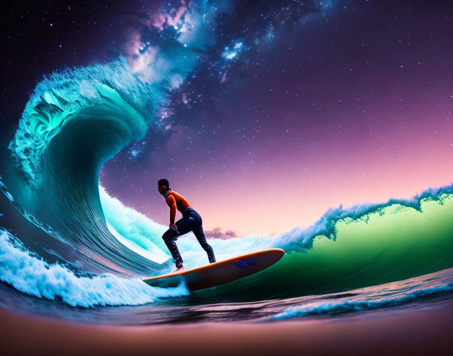 Surfer riding large wave under surreal purple sky with stars