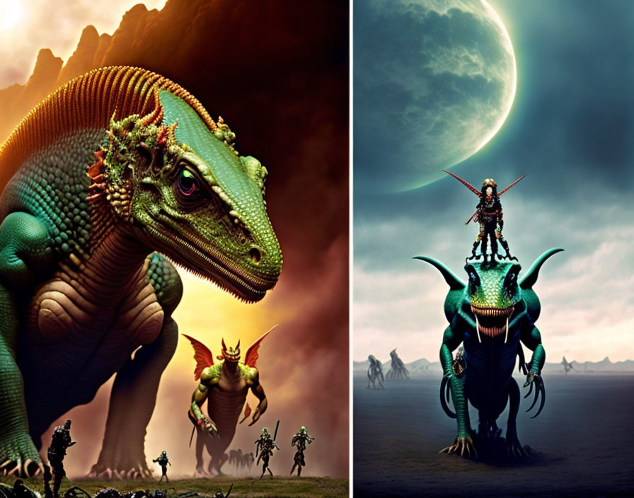 Split image of warrior riding dinosaur and dinosaur facing viewer against moonlit backdrop