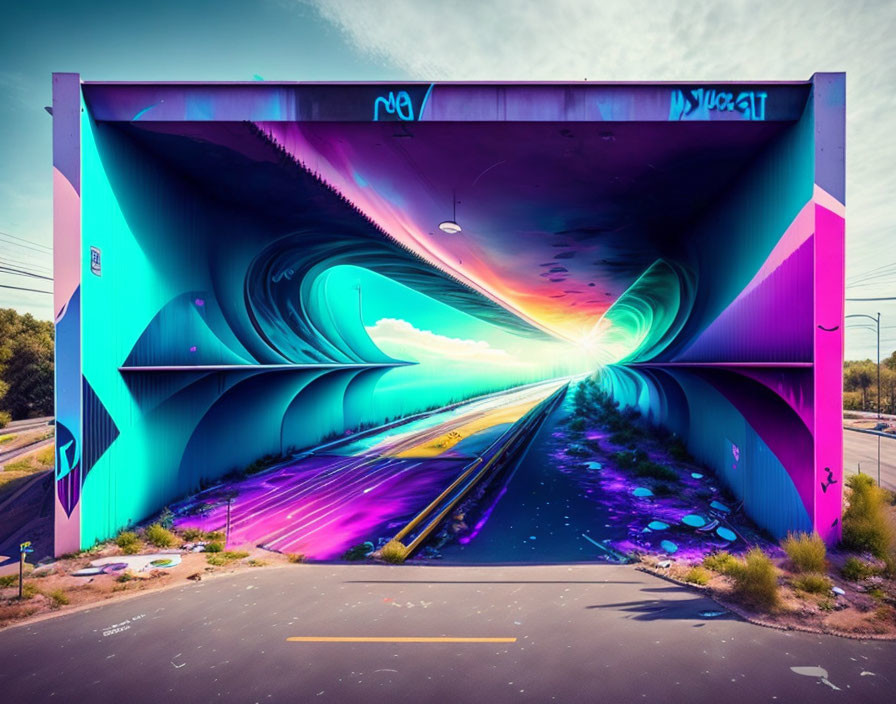 Colorful Psychedelic Tunnel Illusion Mural on Urban Building