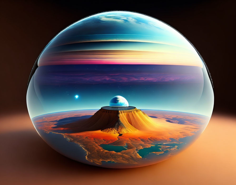 Transparent sphere with surreal landscape and central mountain