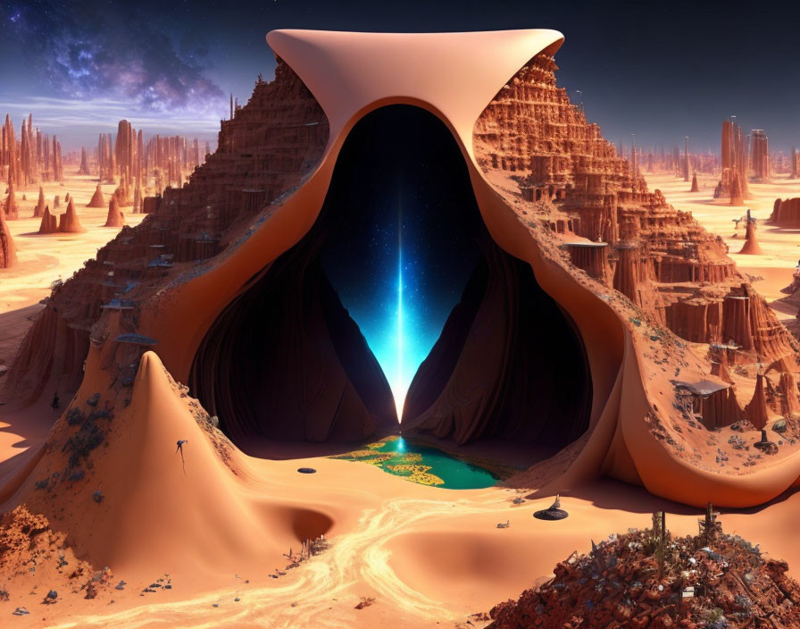 Futuristic desert structure with tall spires under starry sky portal