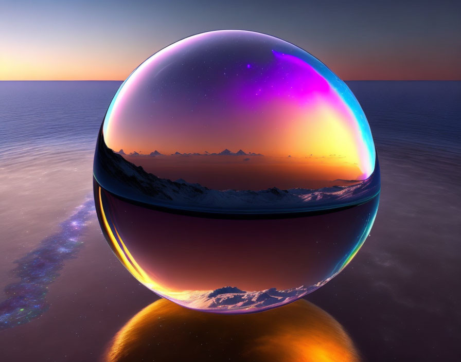 Reflective sphere in surreal twilight scene with starry sky and serene ocean at sunset