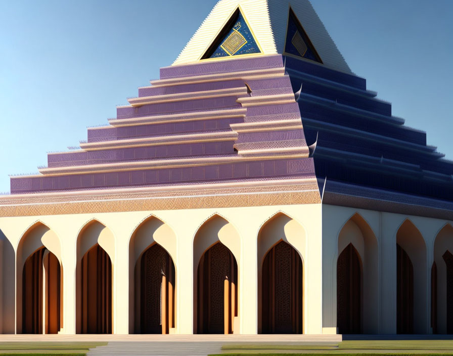 Pyramidal Modern Building with Arched Doorways under Clear Blue Sky