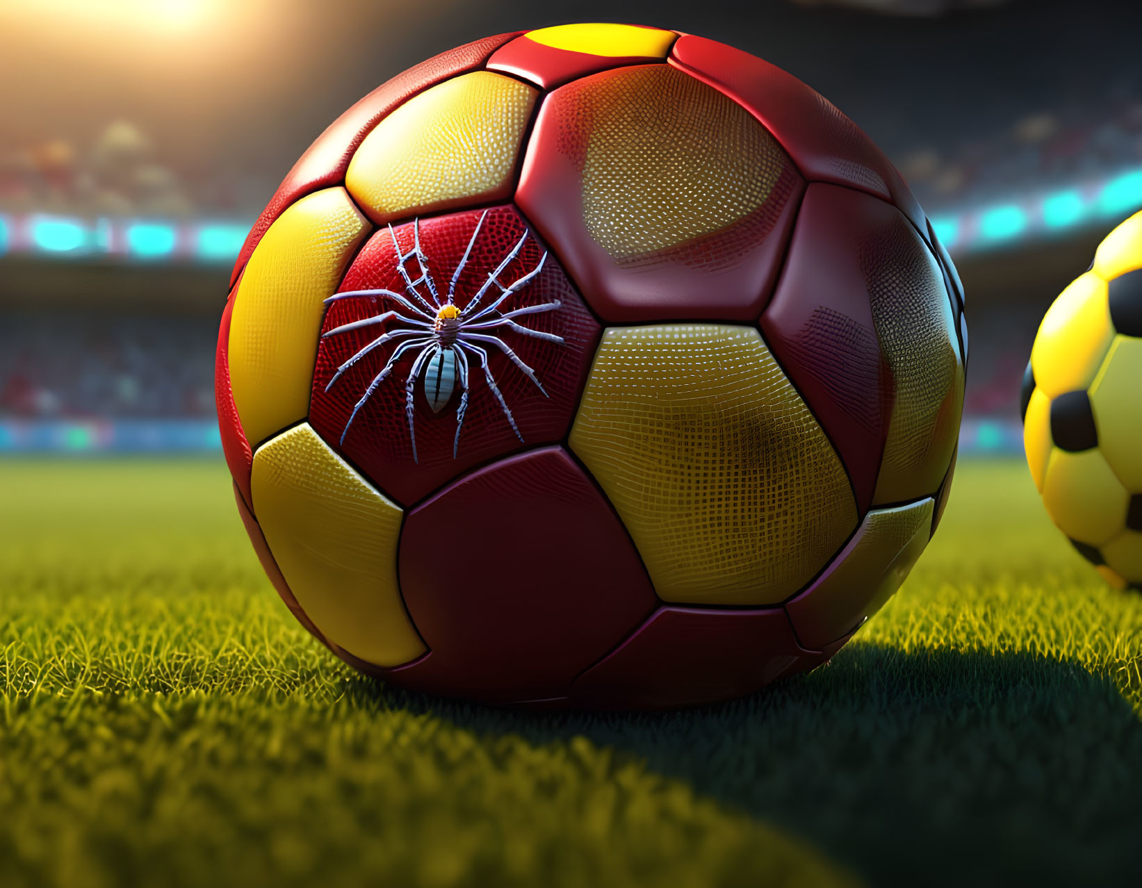 Red and Yellow Spider Design Soccer Ball on Green Pitch with Blurred Stadium Lights