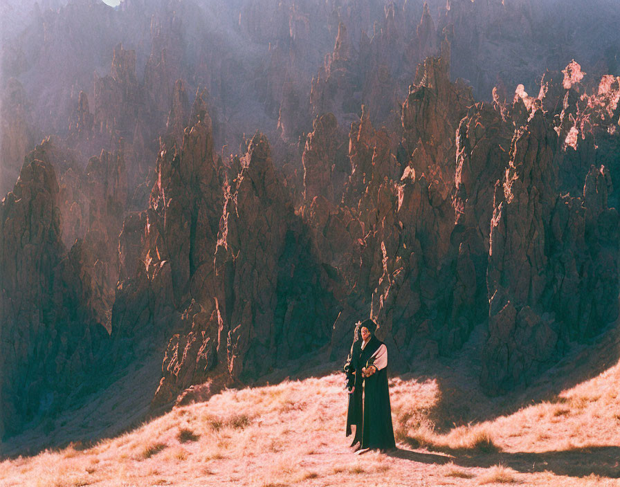 Person in Black Cloak Standing in Sunlit Rocky Terrain