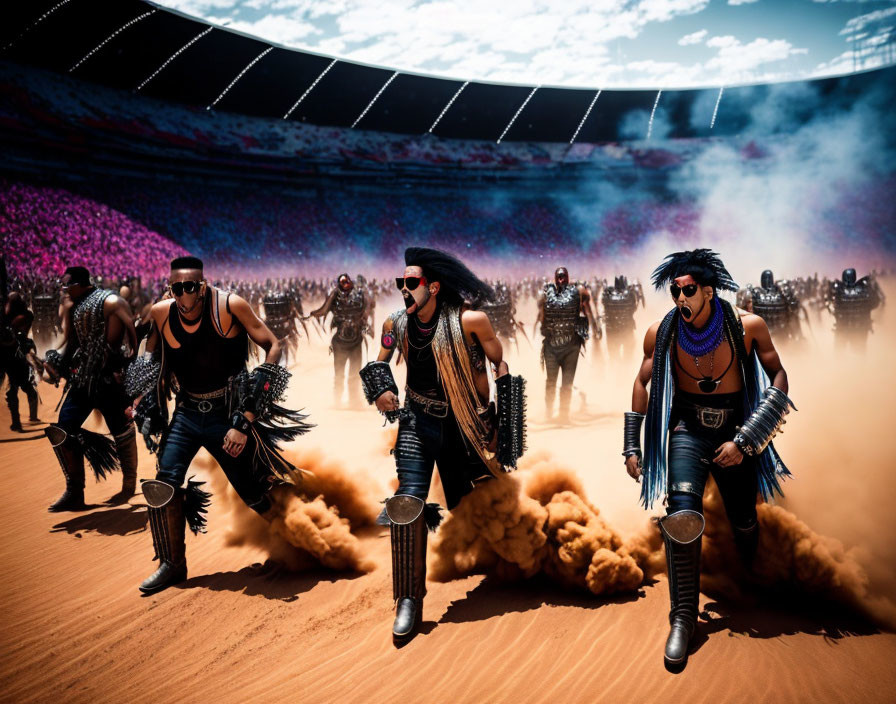 Costumed group with sunglasses and metallic arm gear walking in sandy arena.