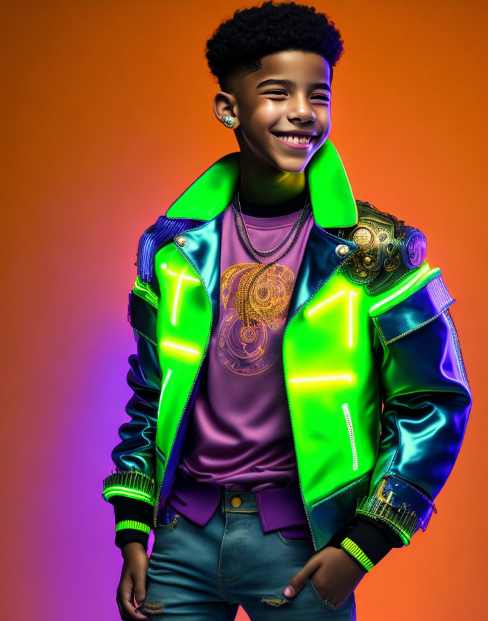 Smiling individual in colorful outfit on vibrant background