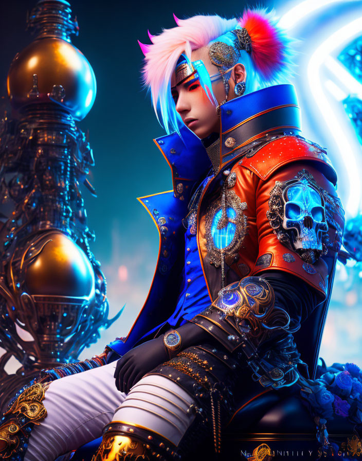 Stylized digital artwork of character with punk-inspired hair and futuristic armor on neon-lit background