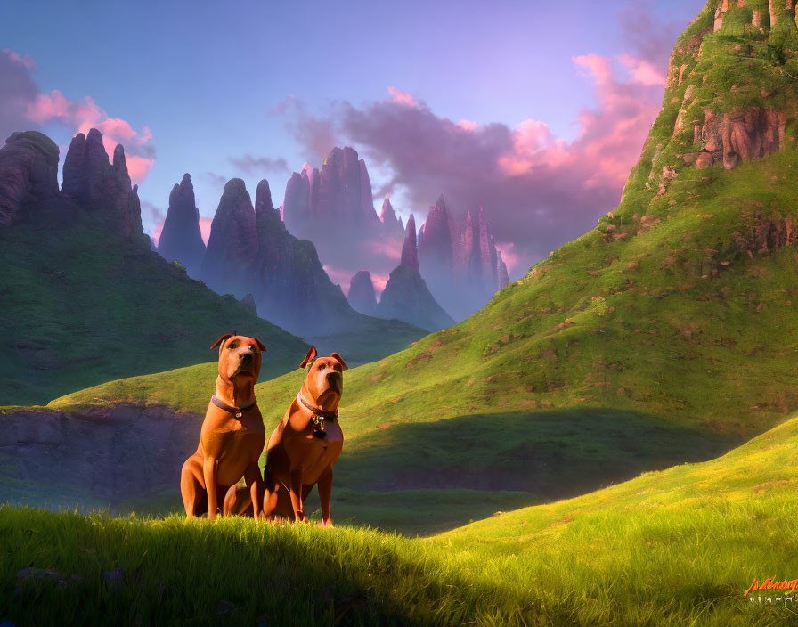 Animated dogs on lush grass under magical sunset glow.