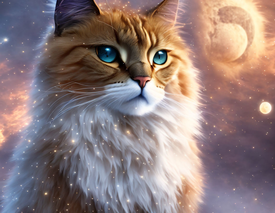 Fluffy Cat with Blue Eyes in Cosmic Setting