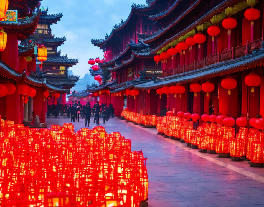 Traditional Chinese architecture with red lanterns in a bustling street at dusk