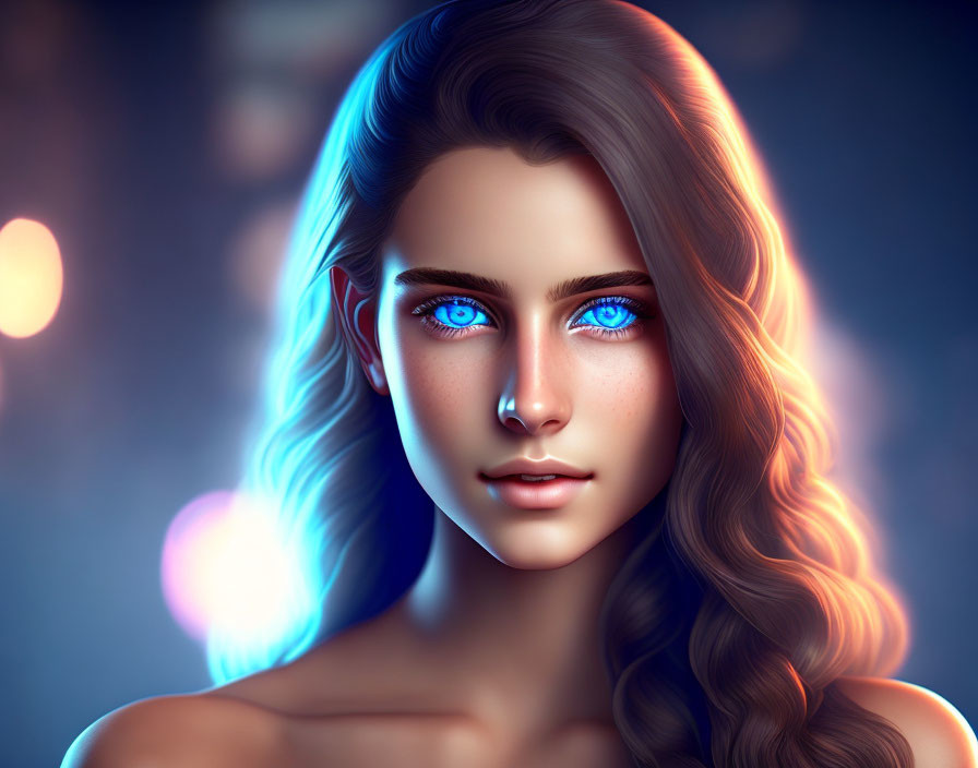 Digital artwork: Woman with glowing blue eyes and wavy hair on bokeh light background