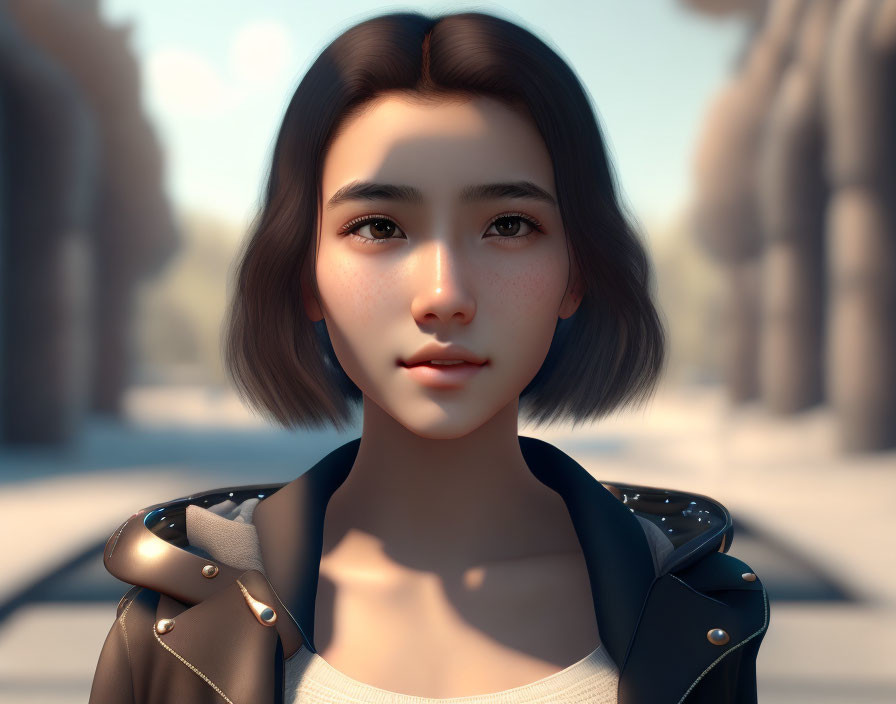 Digital artwork of young woman in leather jacket with short hair, set against sunlit backdrop with blurred classical