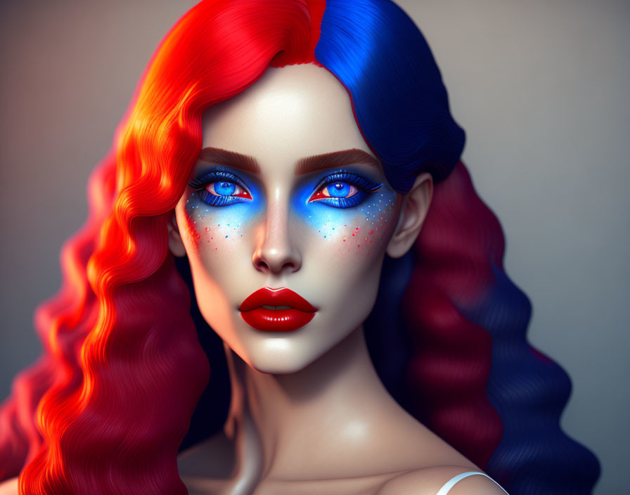 Vibrant red and blue hair woman portrait with blue eyes and red lips