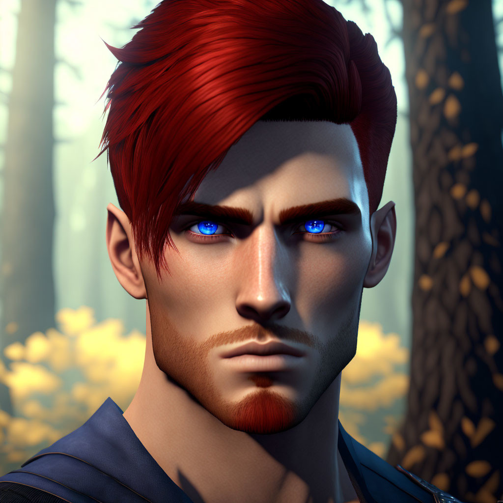 Male figure with red hair and blue eyes in forest setting.