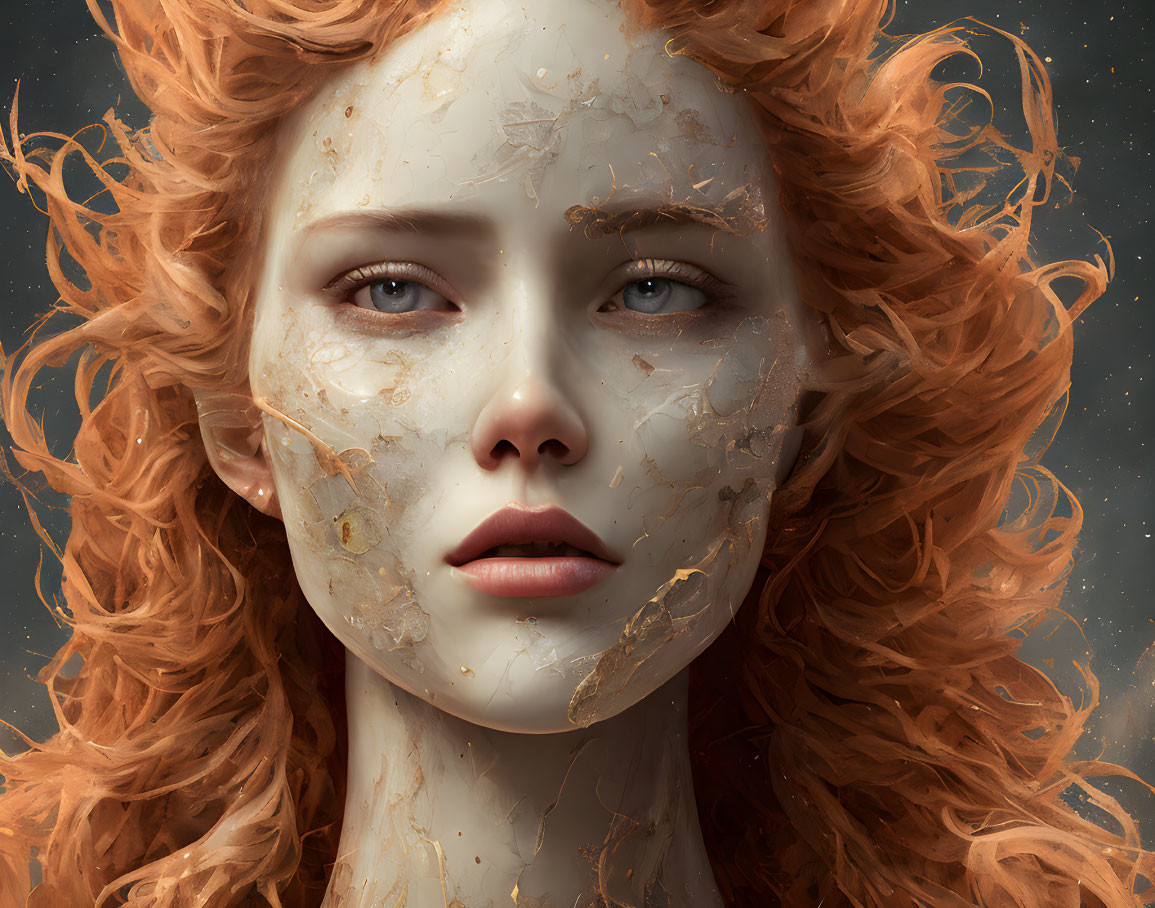 Close-Up of Female with Striking Blue Eyes, Curly Red Hair, and Textured Skin on