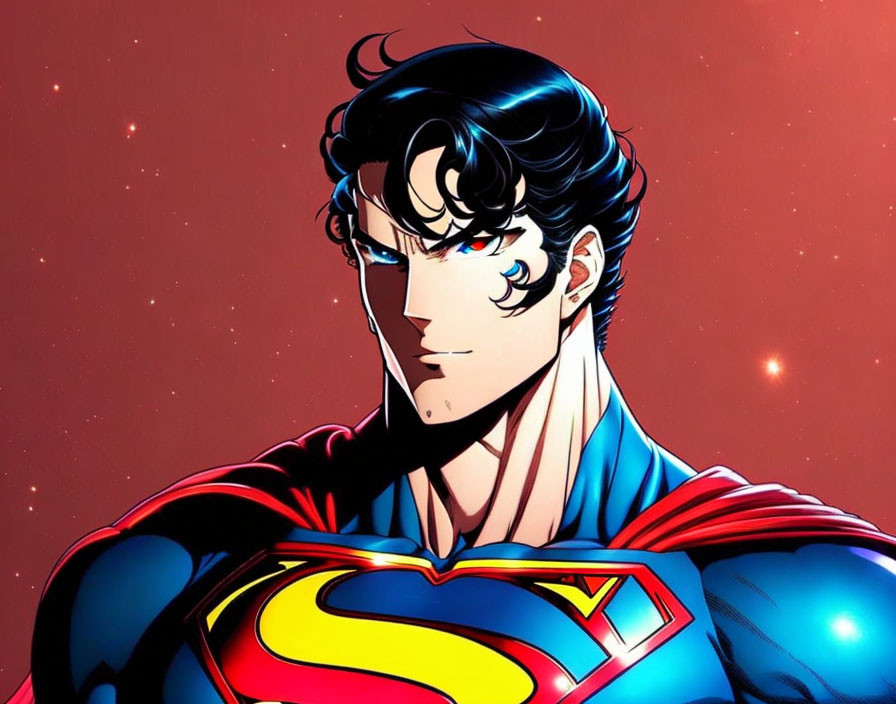 Male superhero with dark hair, blue eyes, red cape, blue costume, 'S' emblem,