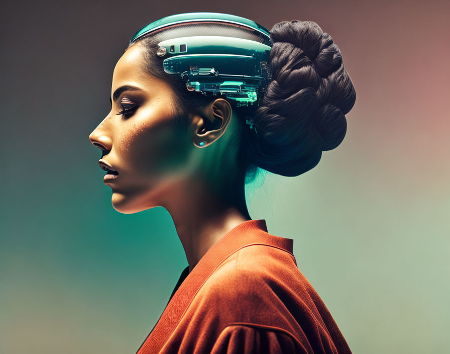 Profile of Woman with Cybernetic Head Elements and Orange Garment on Colorful Background