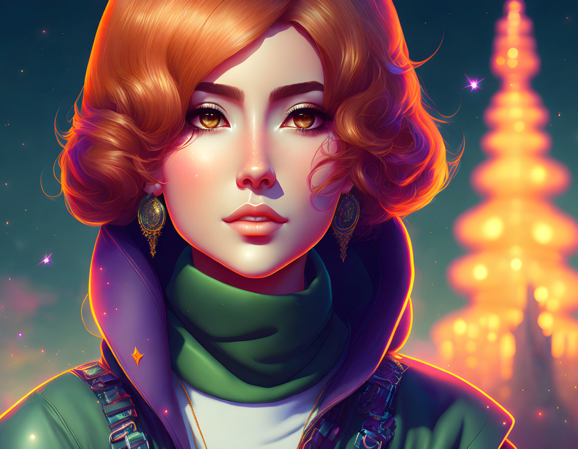 Vibrant woman with orange hair and green scarf, golden earrings, glowing tower, stars.