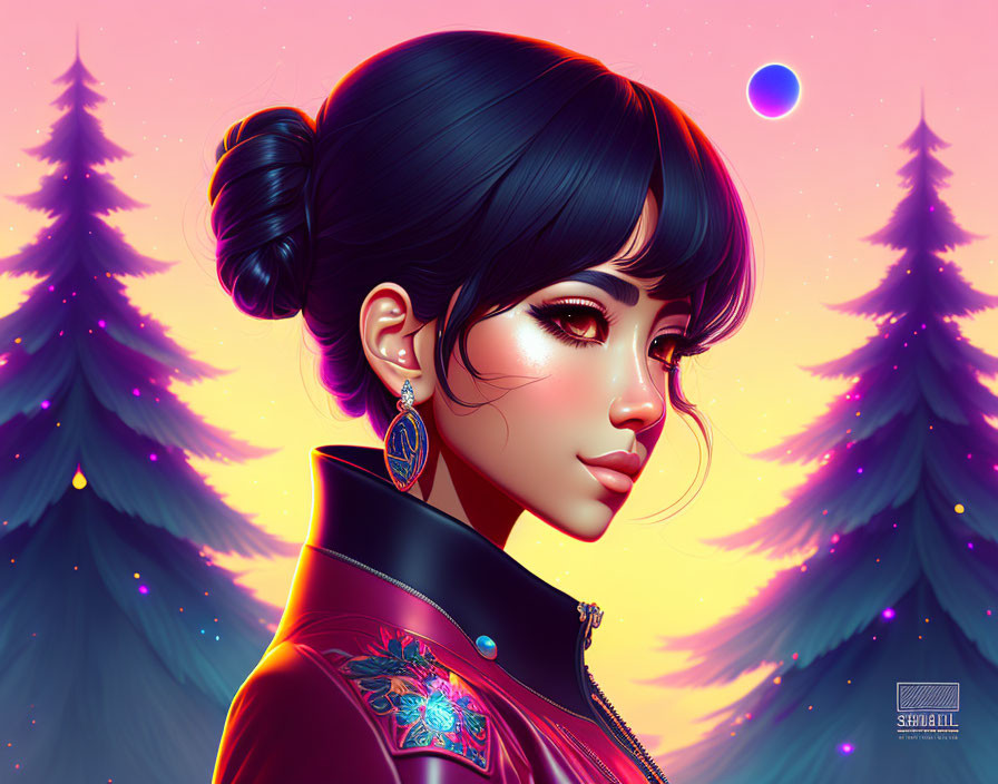 Woman with sleek bun and floral jacket in twilight scene