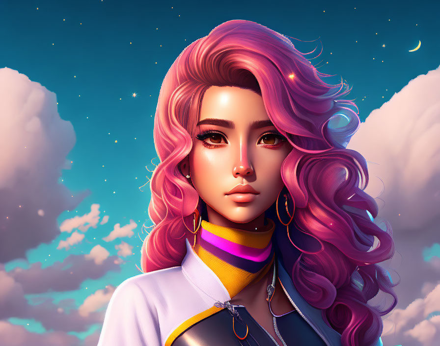 Vibrant pink hair woman in stylized makeup under twilight sky