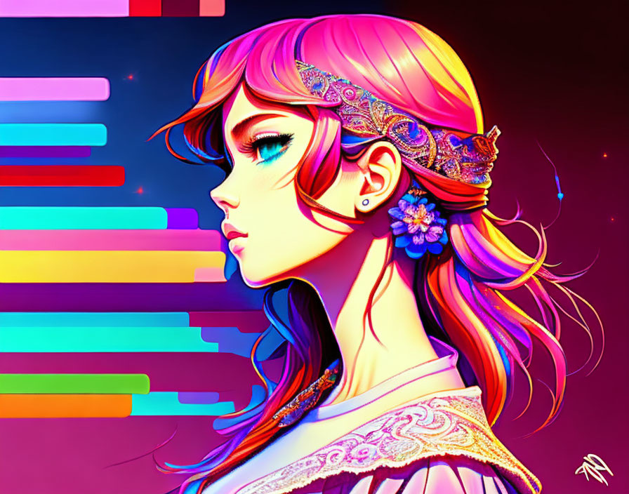 Colorful Stylized Female Figure with Headband and Abstract Background