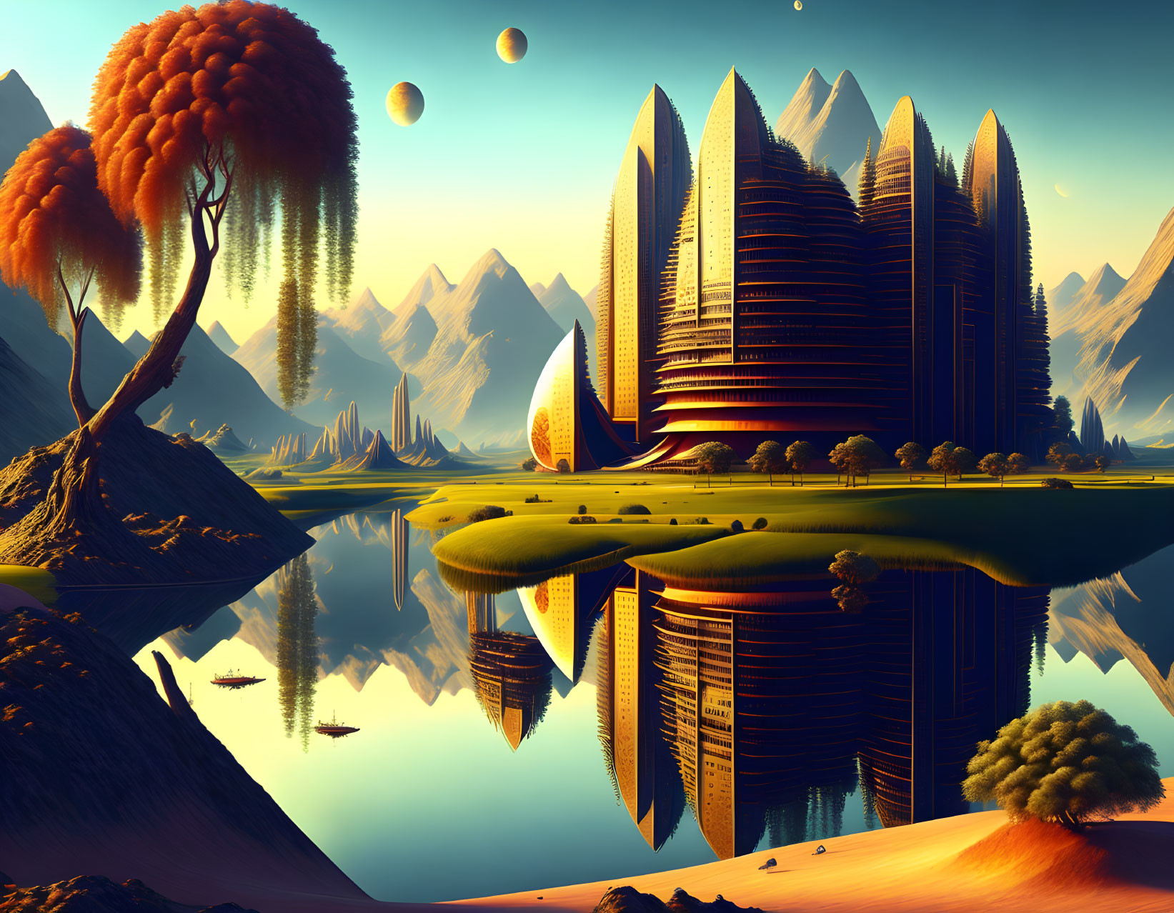 Futuristic cityscape with towering structures, mountains, lake, orange tree, and celestial bodies