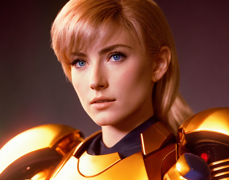 Blonde Woman in Yellow and Orange Armor on Warm Background