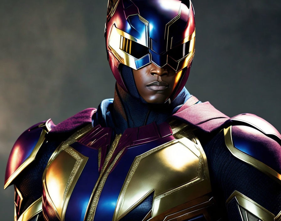 Armored superhero suit with metallic helmet in purple, gold, and blue colors