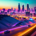 Colorful Twilight Cityscape with Skyscrapers and Light Trails