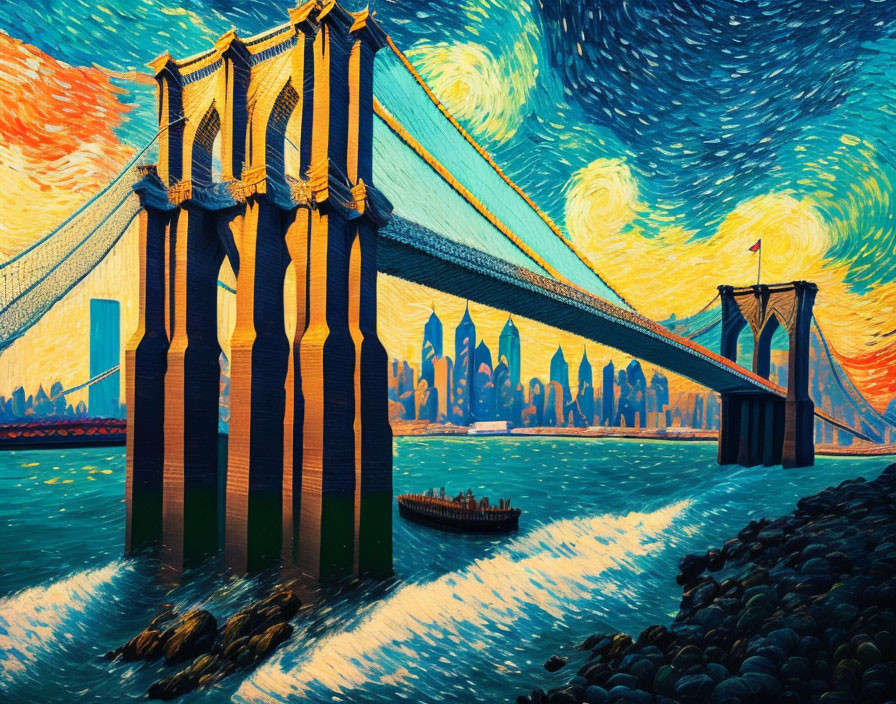 Vibrant Van Gogh-inspired suspension bridge painting with swirling sky and cityscape