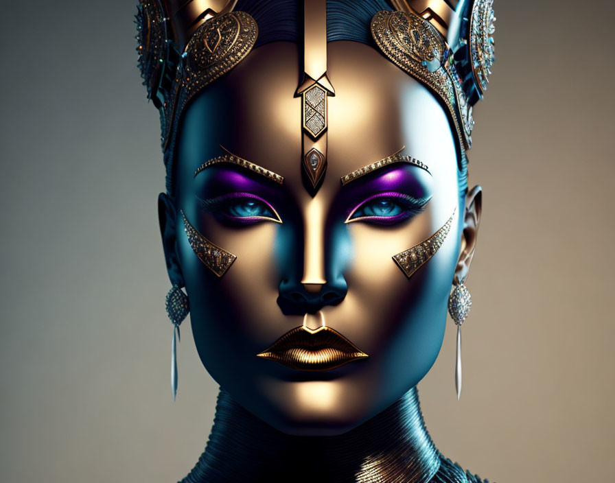 Elaborate digital portrait of woman with metallic skin and vibrant makeup