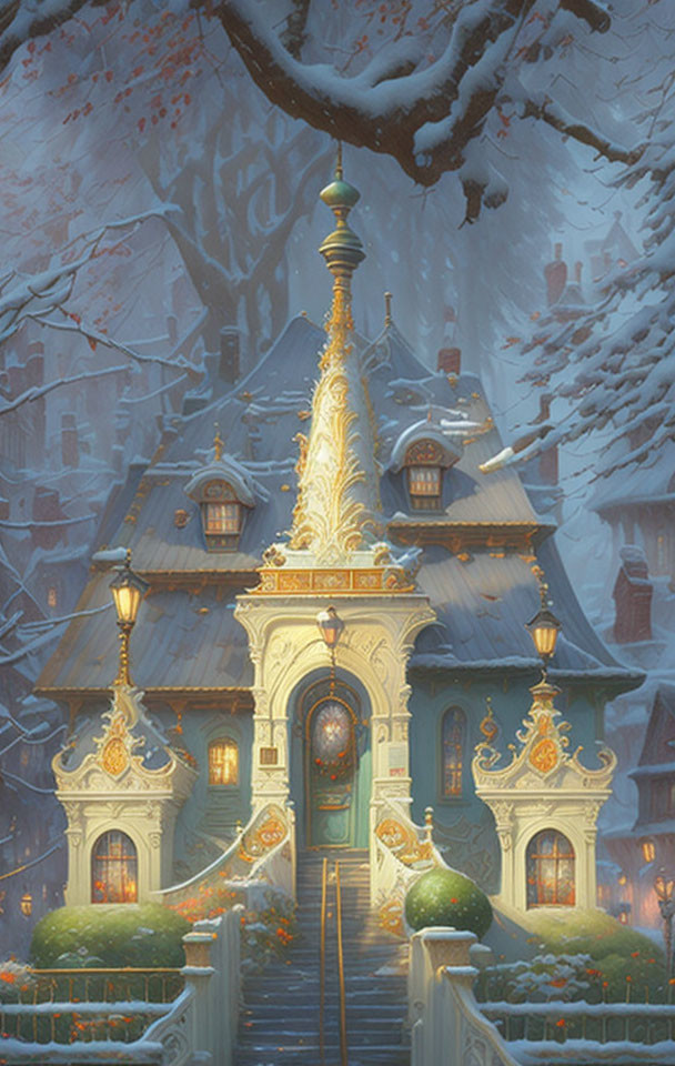 Ornate fairytale house with golden accents in snowy landscape