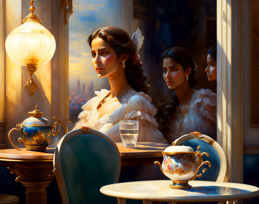 Three women in elegant attire near ornate tea set, reflections visible in golden-lit room