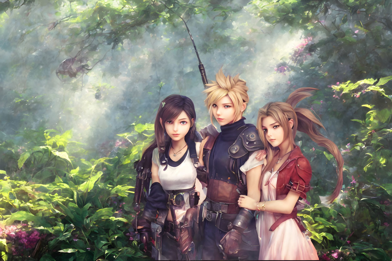 Three animated characters in lush forest setting