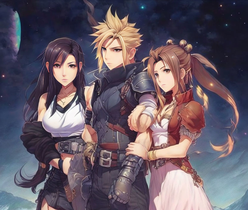 Three animated characters in starry night setting: blond man, women with brown and black hair