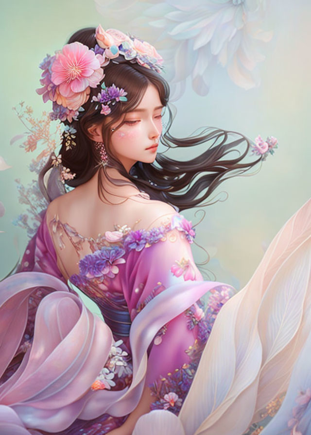 Illustration of woman with long hair and floral dress on pastel background