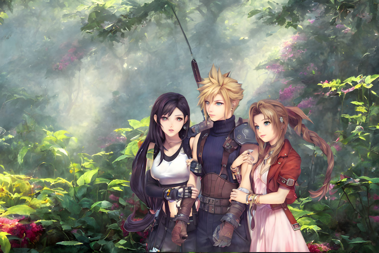 Three animated characters with weapons in lush forest setting