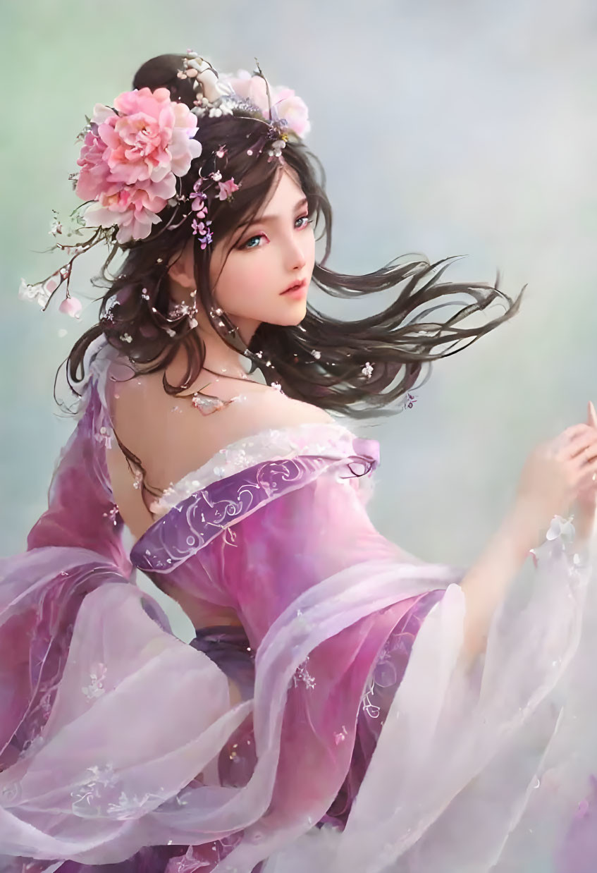 Illustration: Woman with flowing hair, floral adornments, and delicate purple dress.