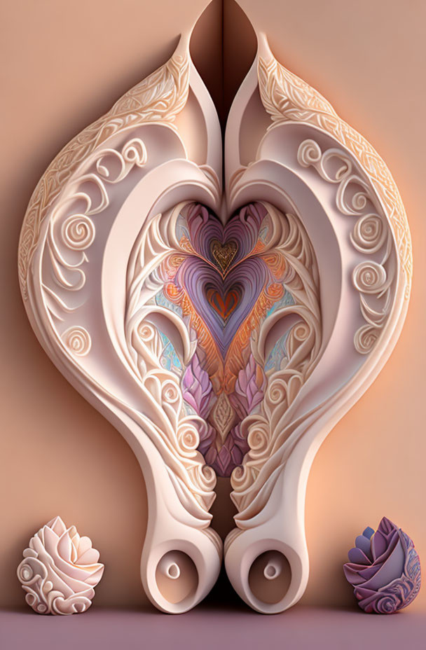 Symmetrical paper art with ornate heart patterns in pastel colors