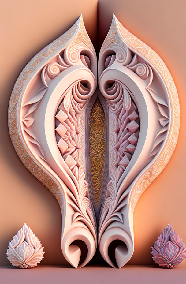 Symmetrical 3D paper art piece with ornate designs in pastel tones